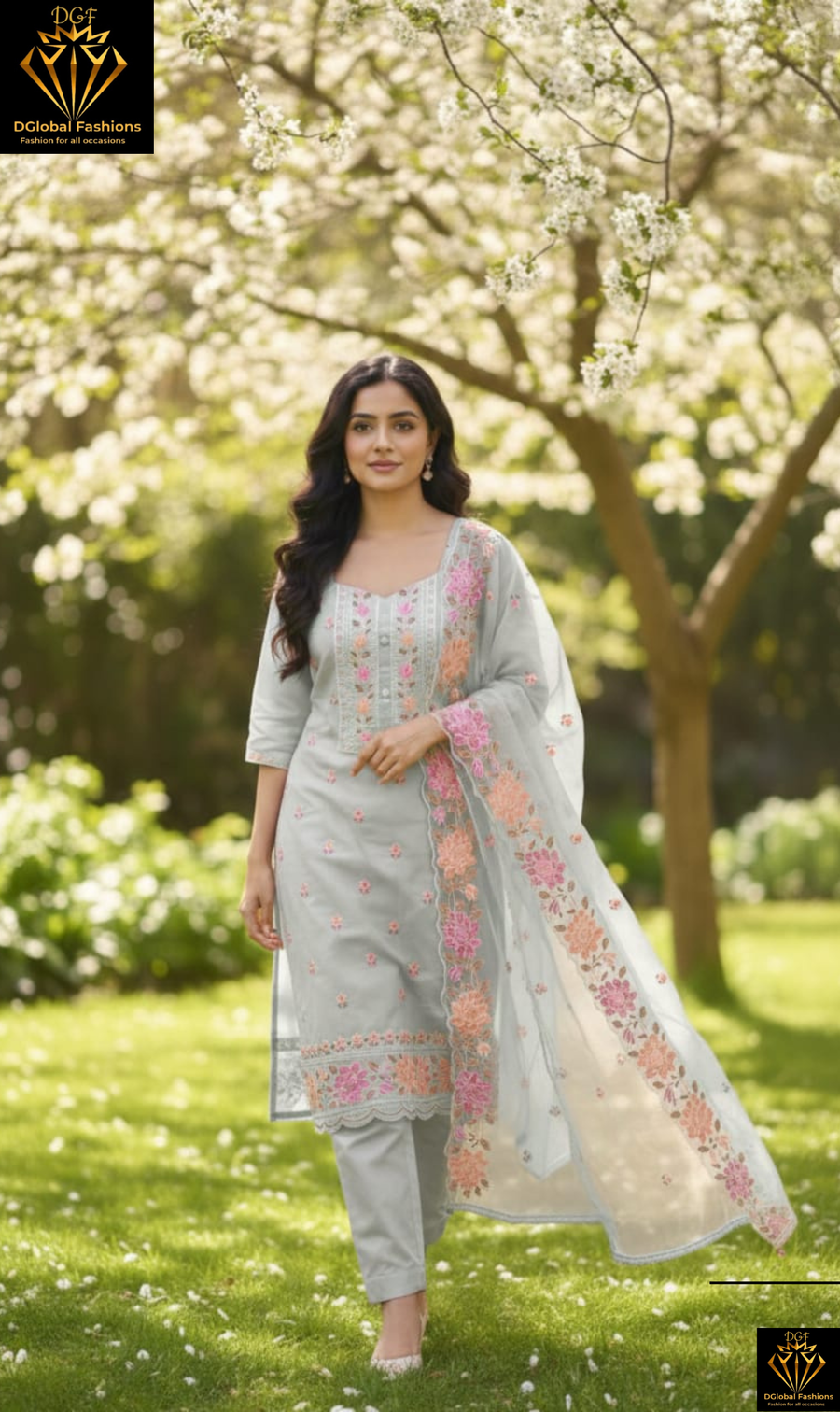 Cotton Silk Embroidery Kurta Pant Set with Floral Dupatta