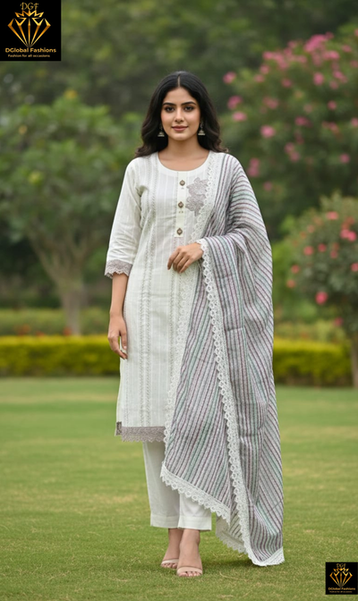 Cotton Kurta Pant Set with Patchwork & Sequin Detailing, Striped Dupatta
