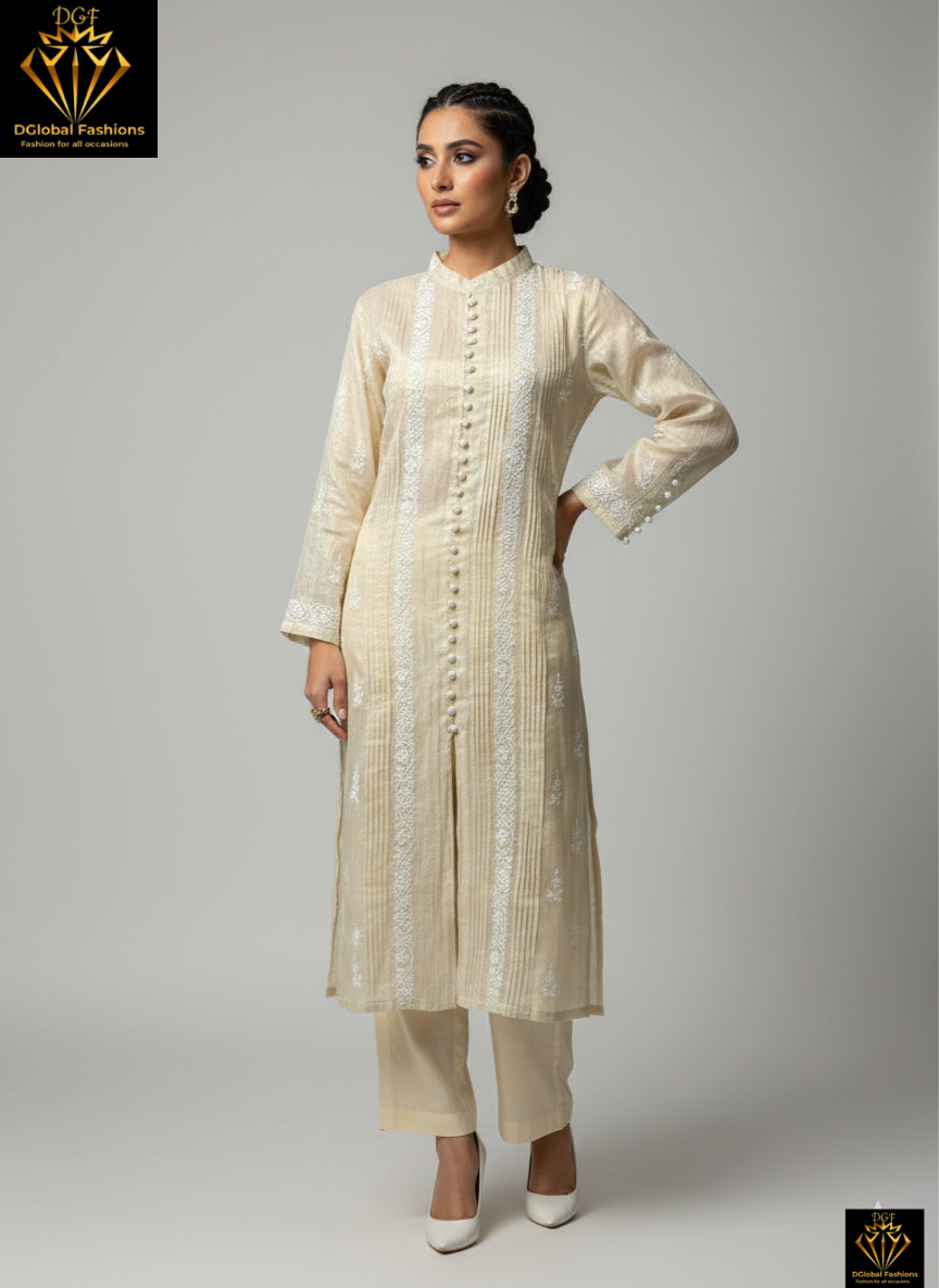 Lucknowi Chikankari Tissue Shimmer Sherwani-Style Kurti & Pant Set