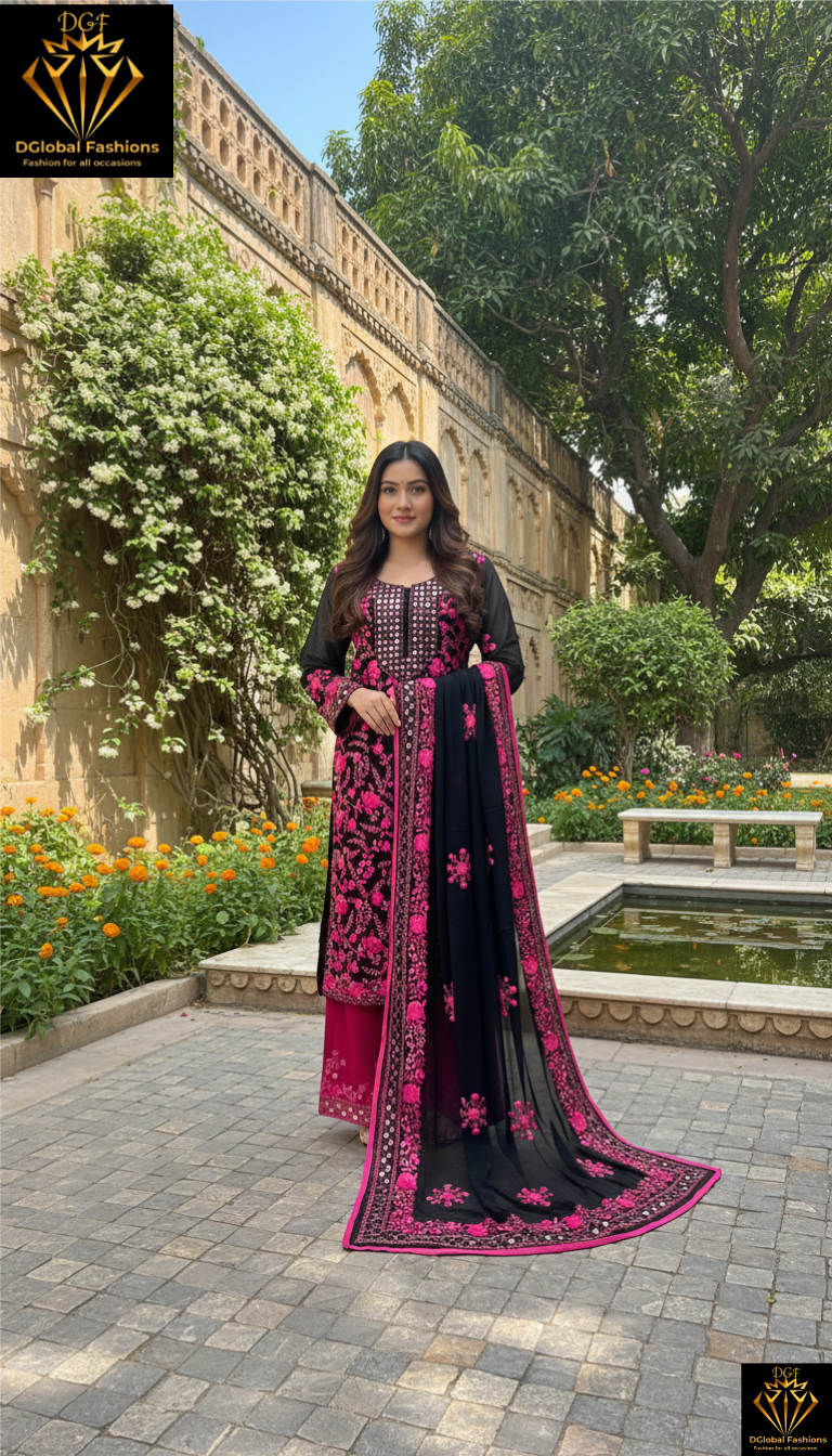 Phulkari Georgette Suit Set with Floral Embroidery