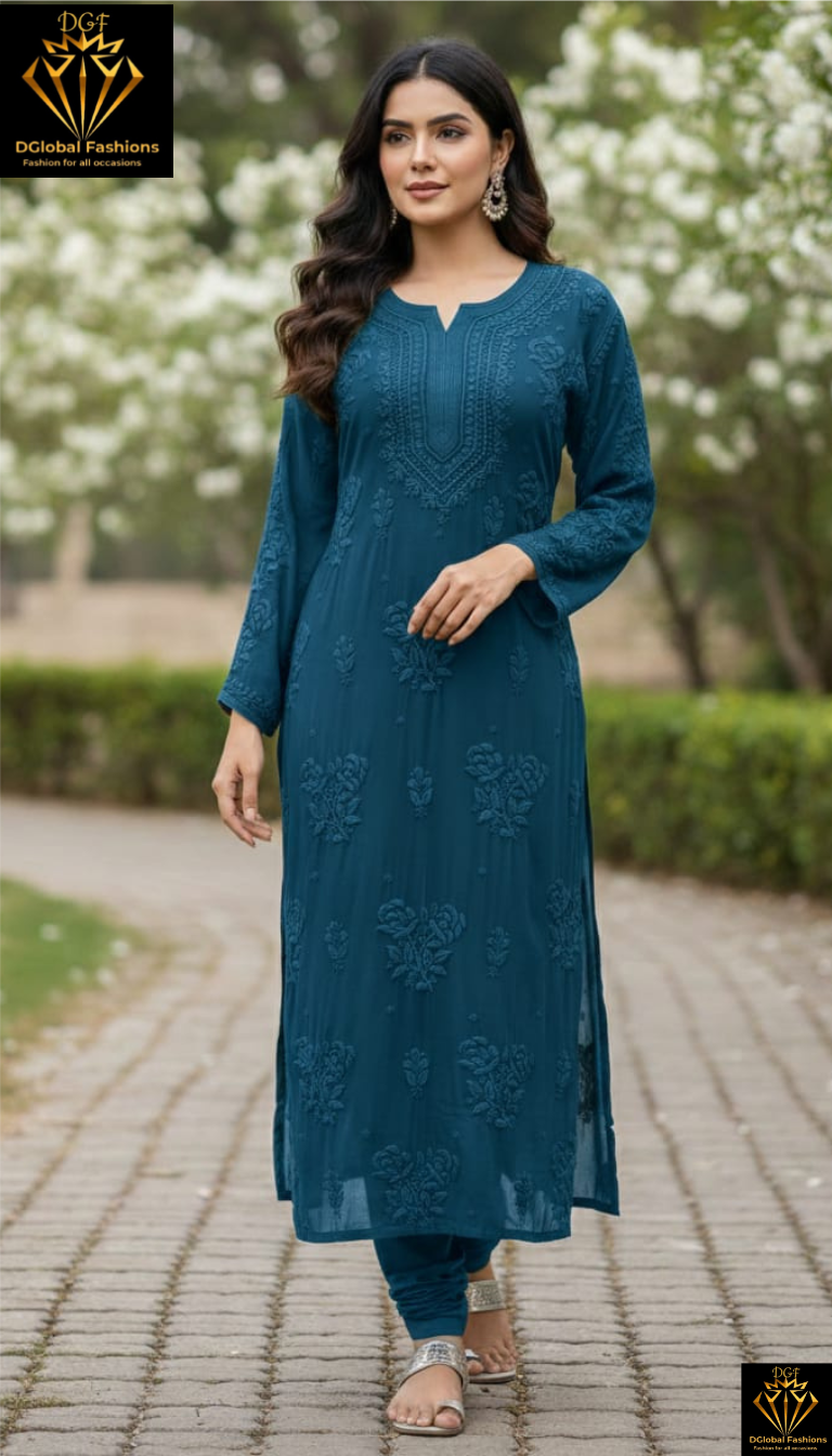 Lucknowi Chikankari Viscose Kurti with 3D Rose Hand Embroidery