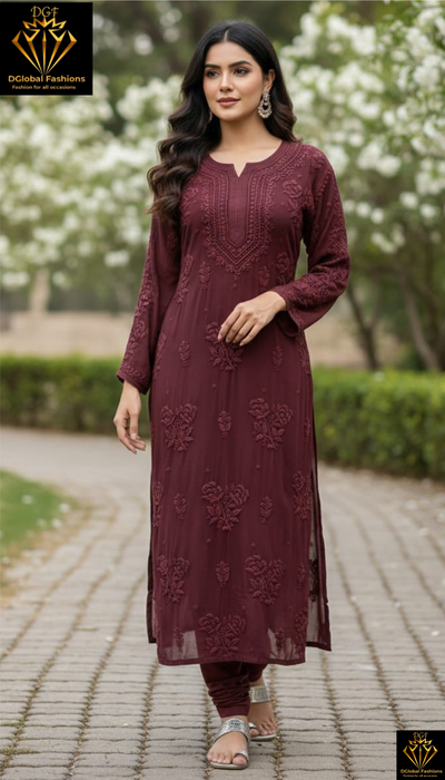 Lucknowi Chikankari Viscose Kurti with 3D Rose Hand Embroidery