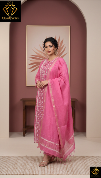 Lucknowi Chikankari A-Line Kurti Set with Elegant Brocade Detailing, Matching Dupatta & Pants