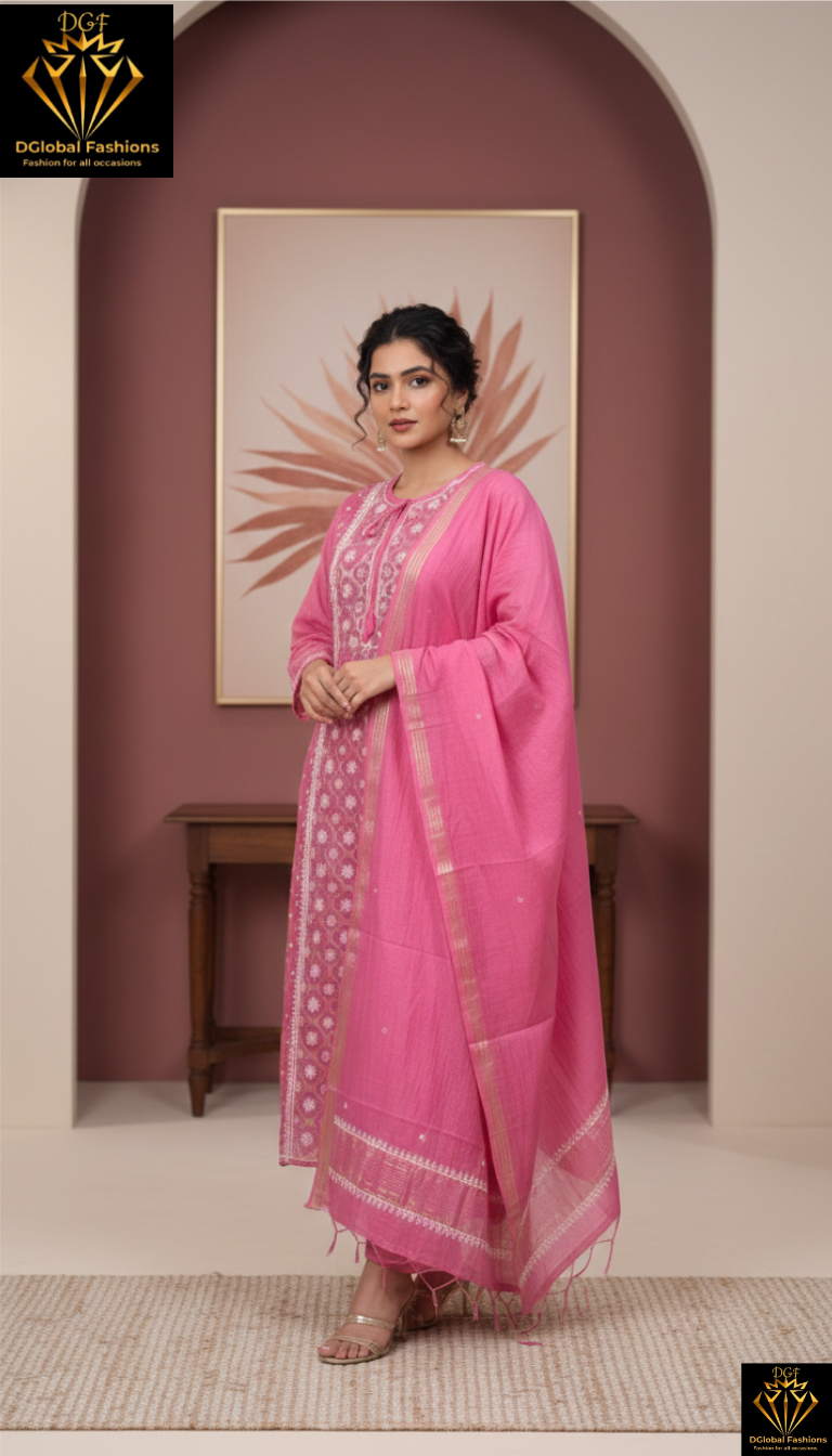Lucknowi Chikankari A-Line Kurti Set with Elegant Brocade Detailing, Matching Dupatta & Pants