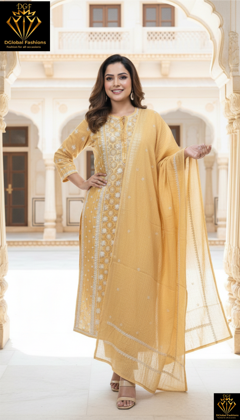 Lucknowi Chikankari A-Line Kurti Set with Elegant Brocade Detailing, Matching Dupatta & Pants