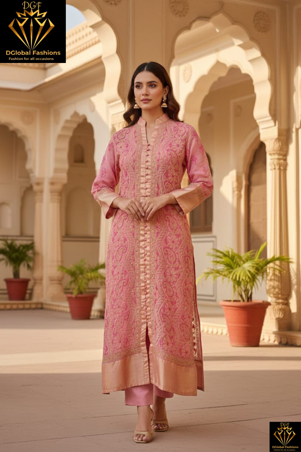 Lucknowi Chikankari Sherwani-Style Shadow Work Kurti in Kota Doriya with Zari Panel & Border