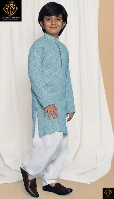 Blue Schiffli Embroidery Full-Sleeve Sequin Kurta