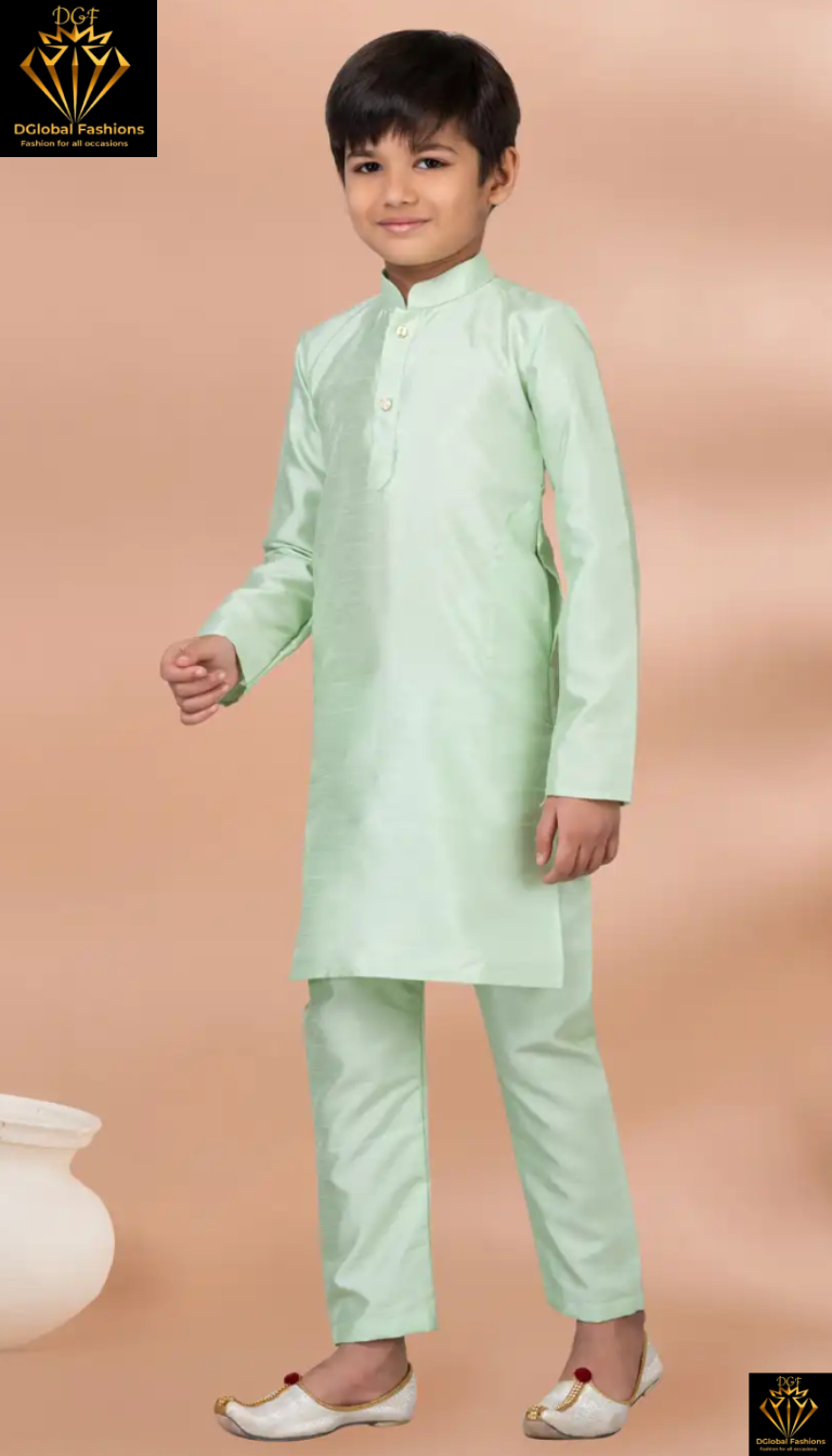 Pista Green Banarasi Silk Kids Kurta Pyjama Set