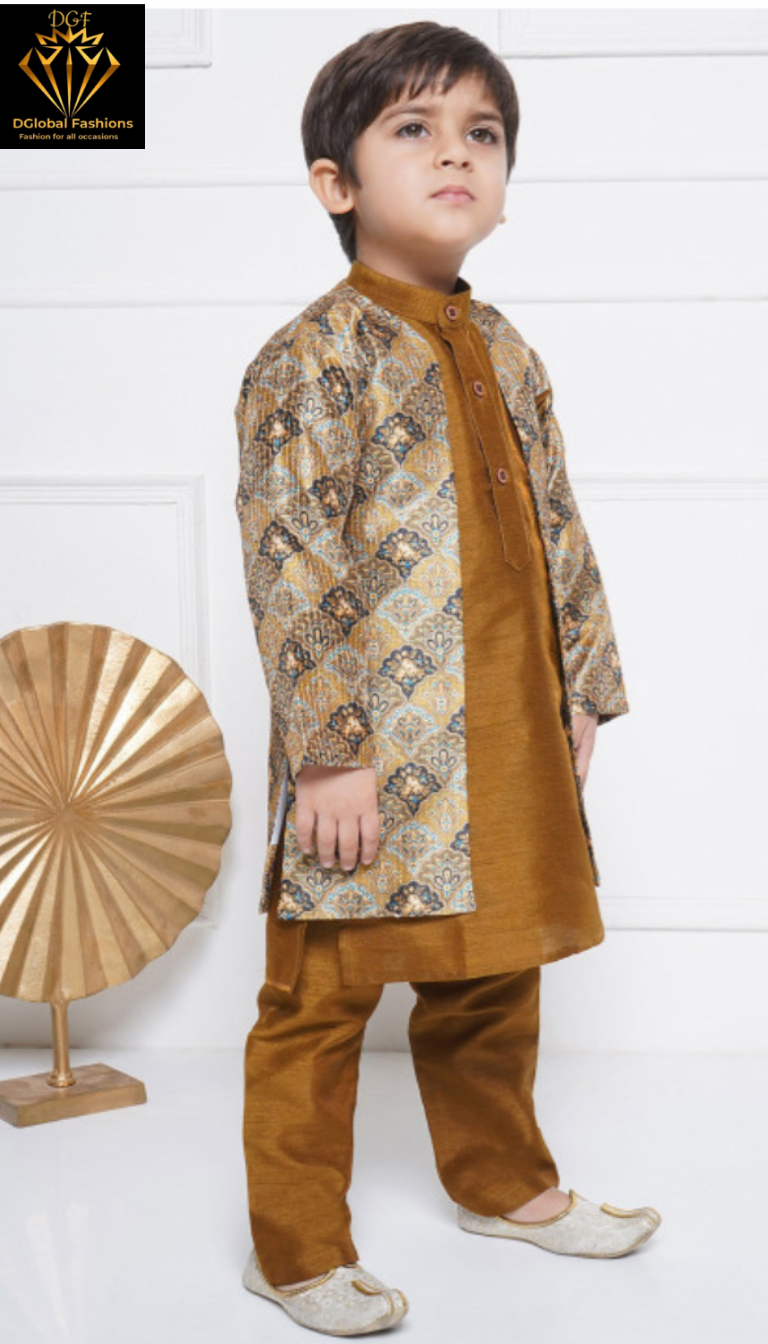 Boys Floral Embroidery Mandarin Collar Straight Kurta Set with Pyjama