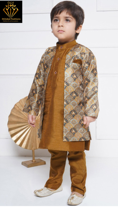 Boys Floral Embroidery Mandarin Collar Straight Kurta Set with Pyjama