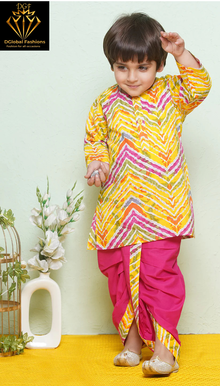 Kids Boys Pink Printed Cotton Dhoti Set