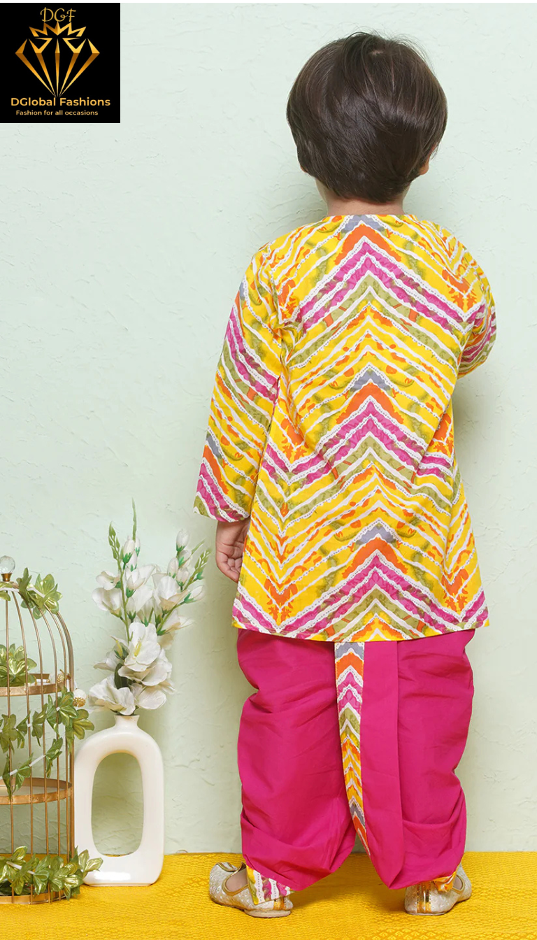 Kids Boys Pink Printed Cotton Dhoti Set