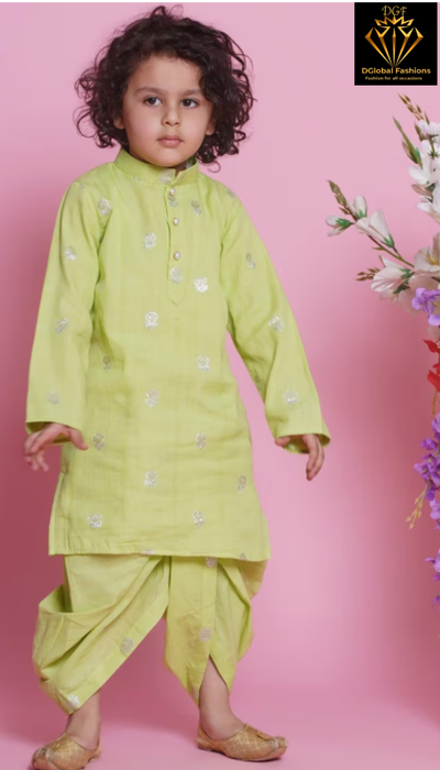 Boys Cotton Rose Zari Embroidered Kurta with Dhoti