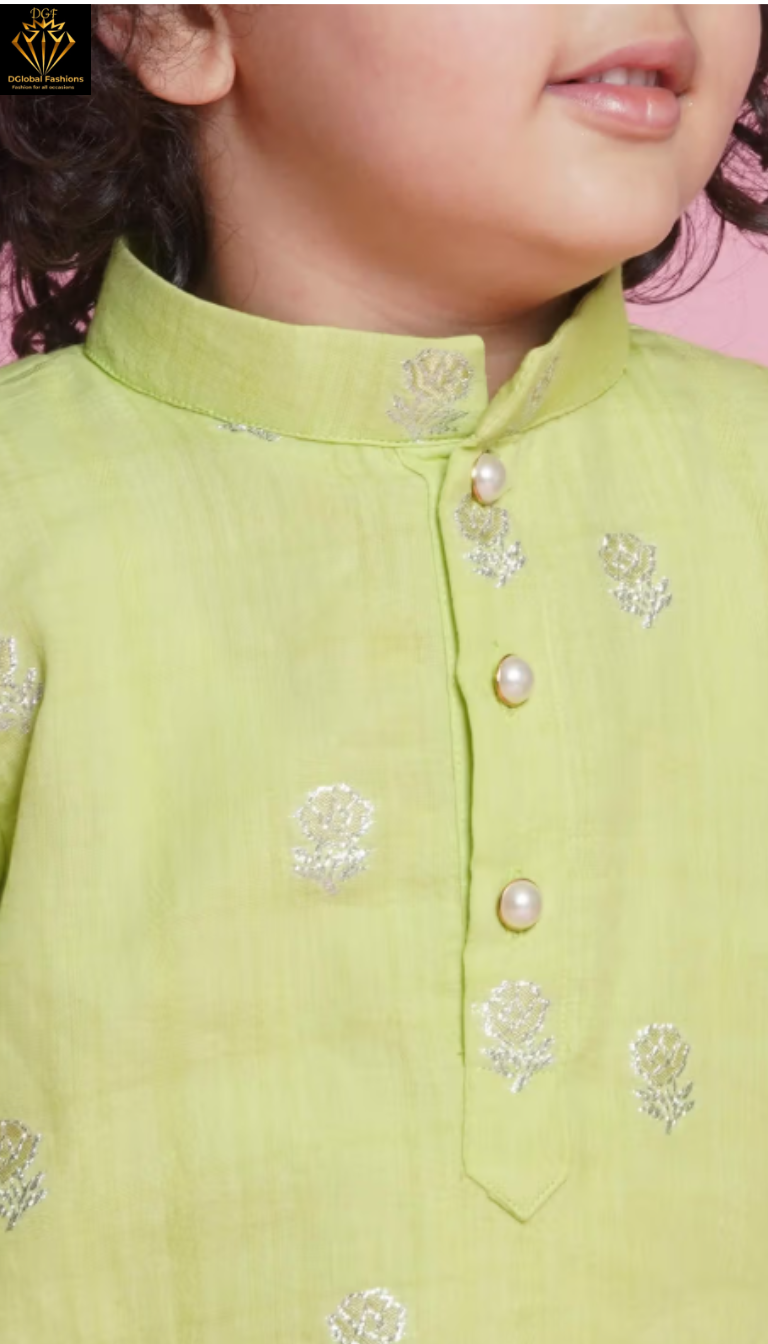 Boys Cotton Rose Zari Embroidered Kurta with Dhoti
