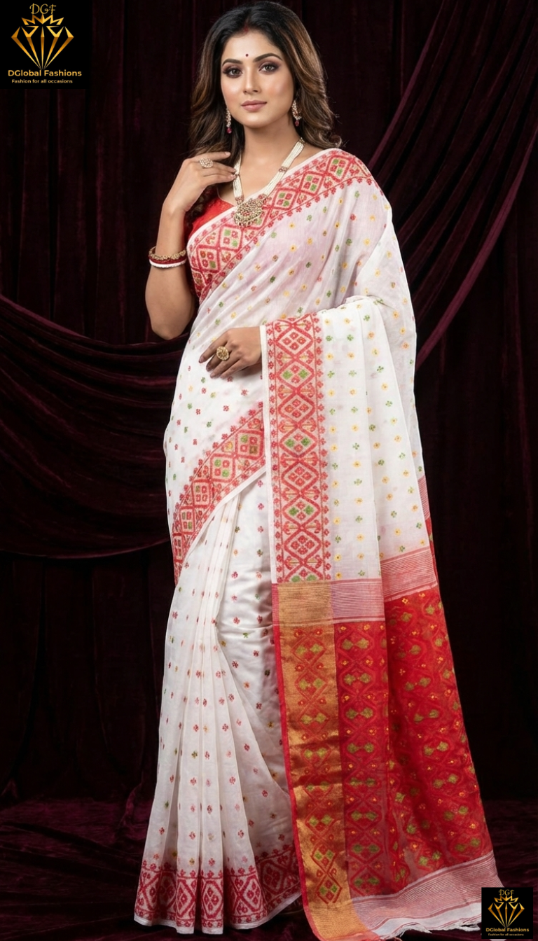 Handloom Cotton Jamdani Saree with Silk Blend