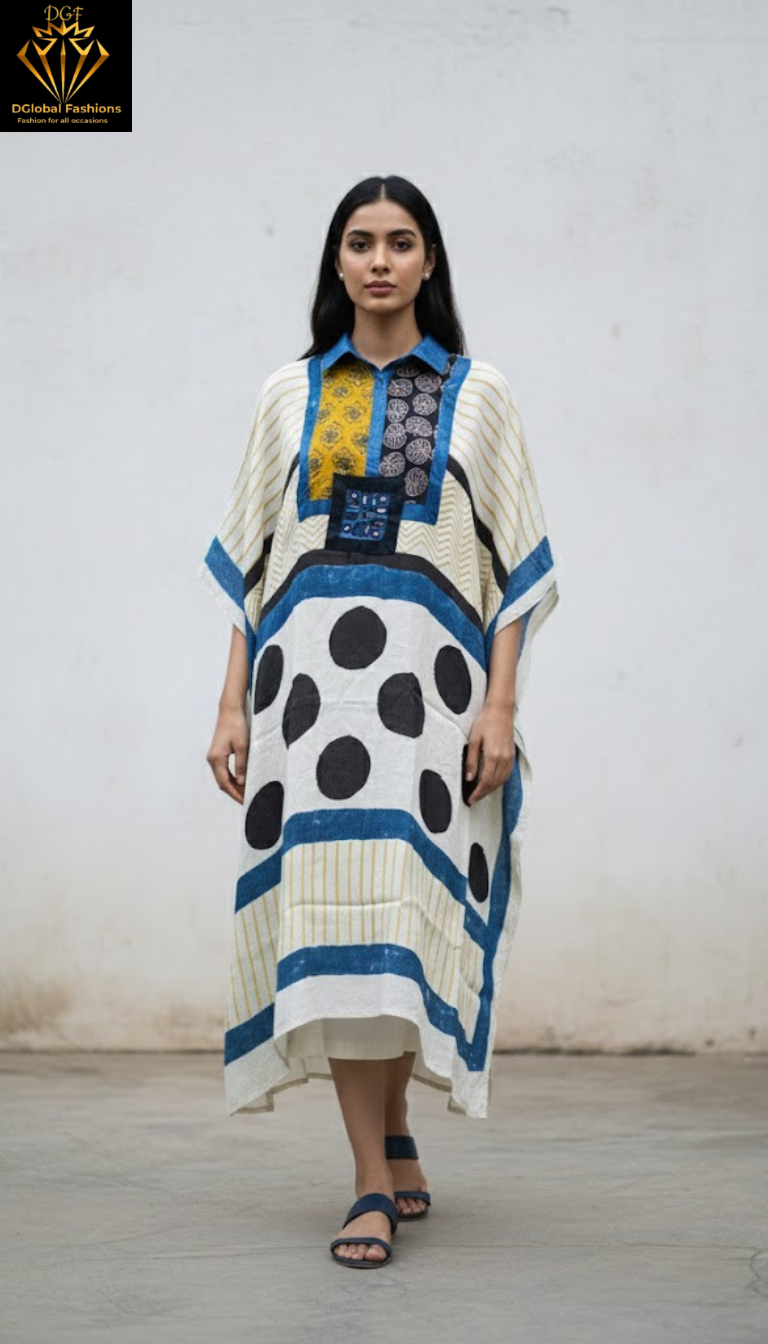 Modal Silk Vegetable-Dyed Hand Block Printed Long Kaftan with Real Mirror Work