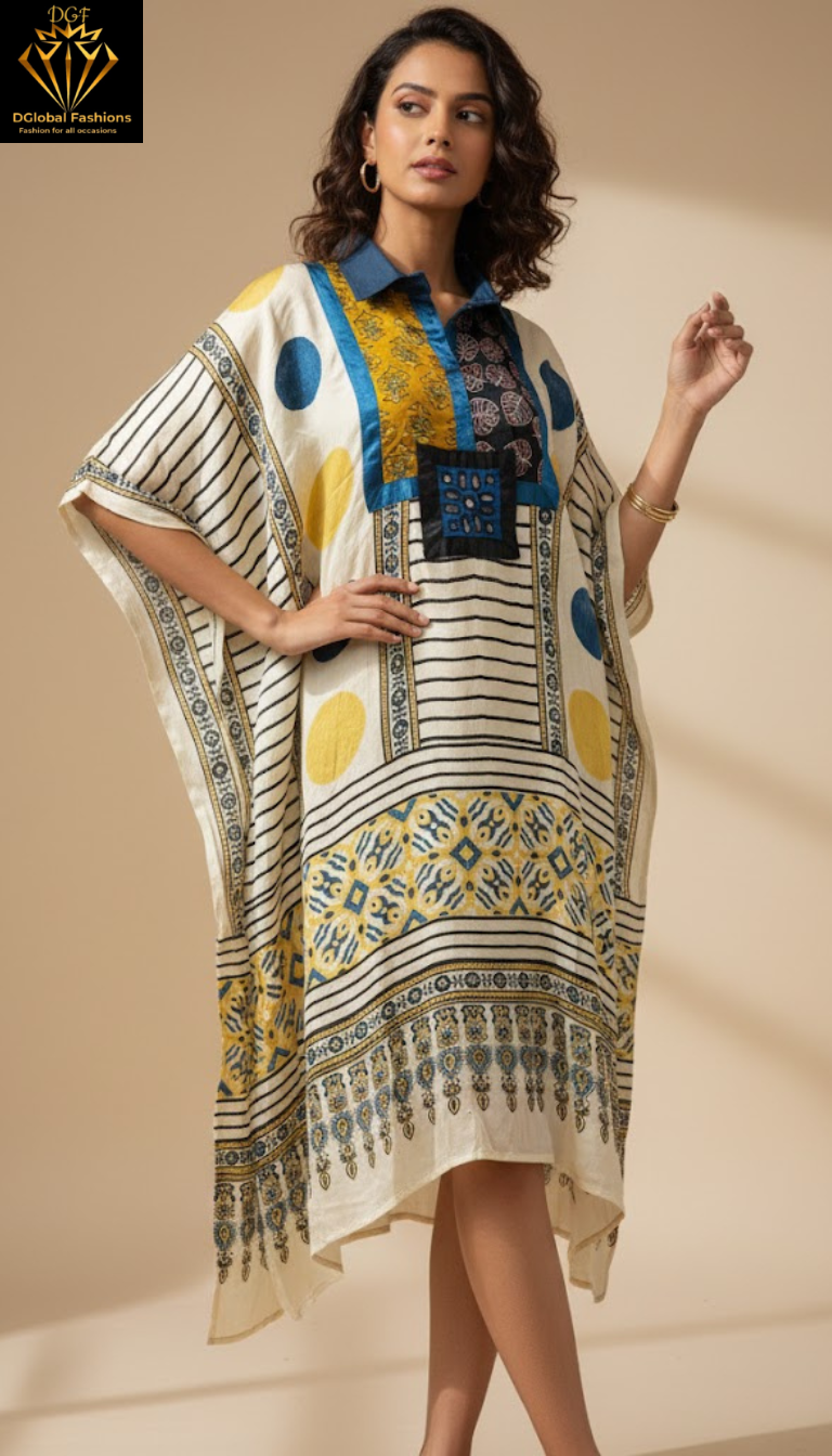 Modal Silk Vegetable-Dyed Hand Block Printed Short Kaftan with Real Mirror Work