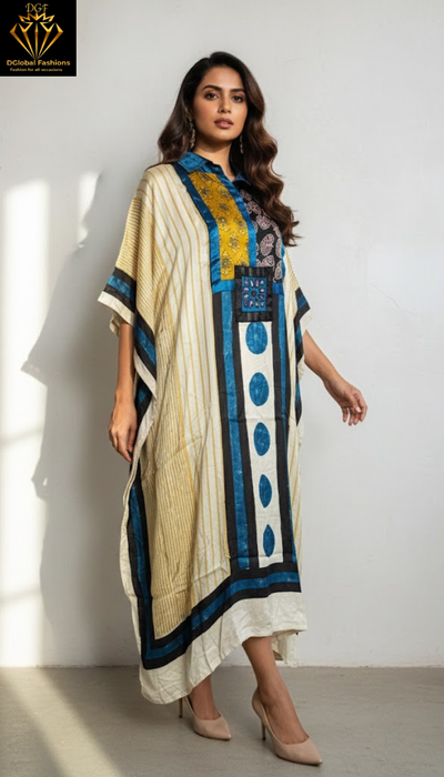 Modal Silk Vegetable-Dyed Hand Block Printed Long Kaftan with Real Mirror Work