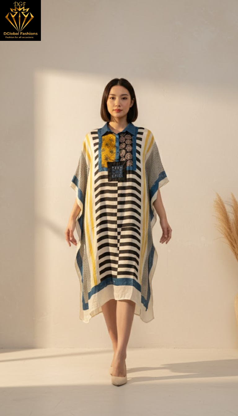 Modal Silk Vegetable-Dyed Hand Block Printed Long Kaftan with Real Mirror Work