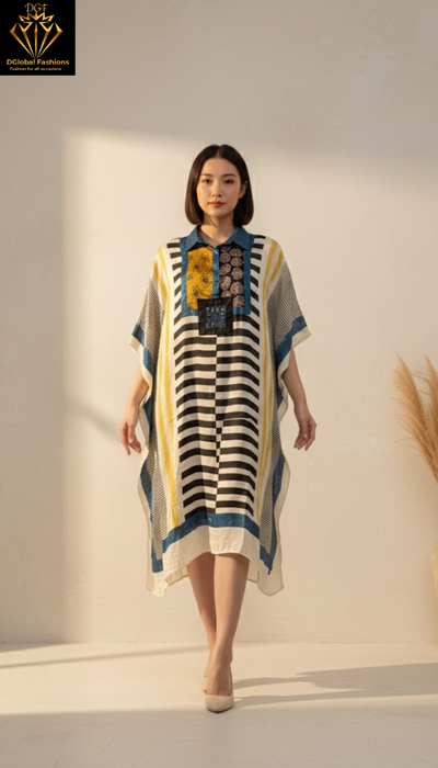 Modal Silk Vegetable-Dyed Hand Block Printed Long Kaftan with Real Mirror Work