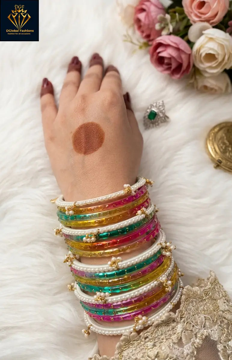 Colorful Glass Bangles Set with Pearl Bangles