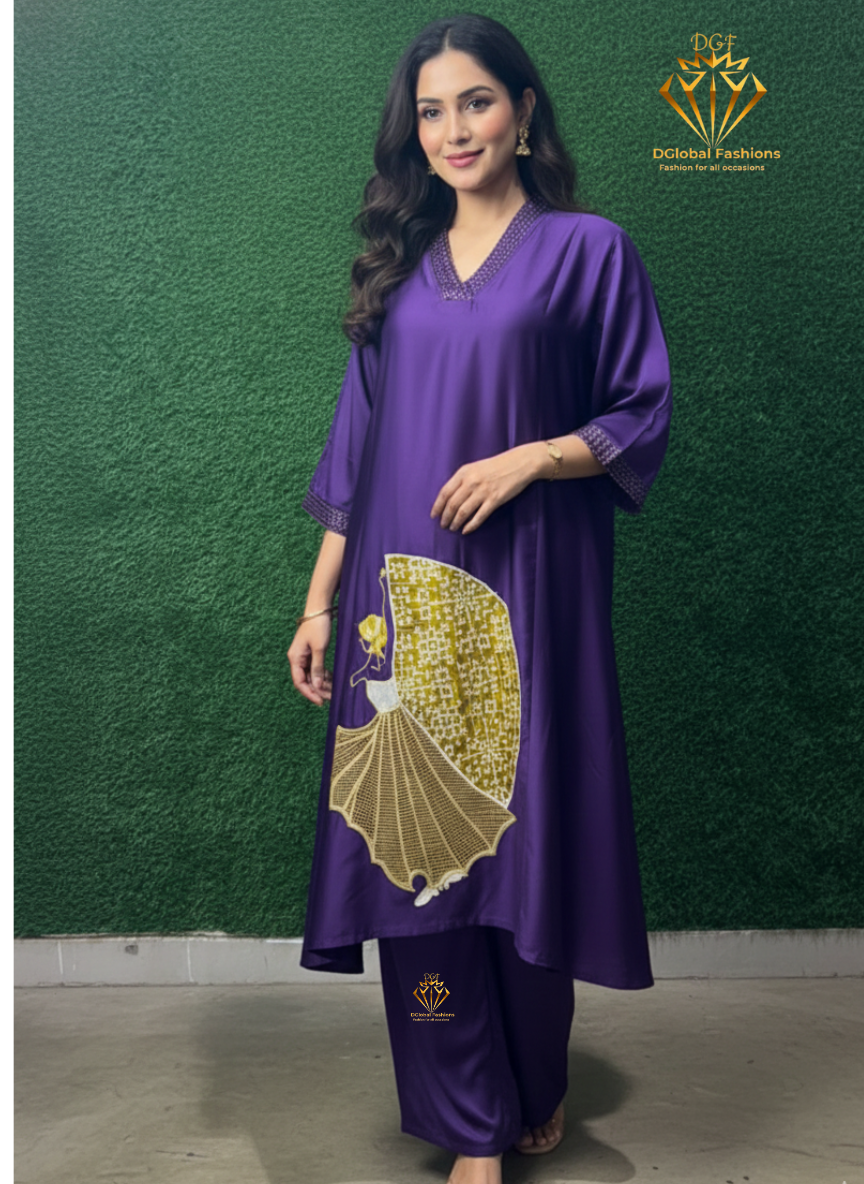 Gajji Silk A-Line Kurti & Pant Set with Applique Patch Embroidery