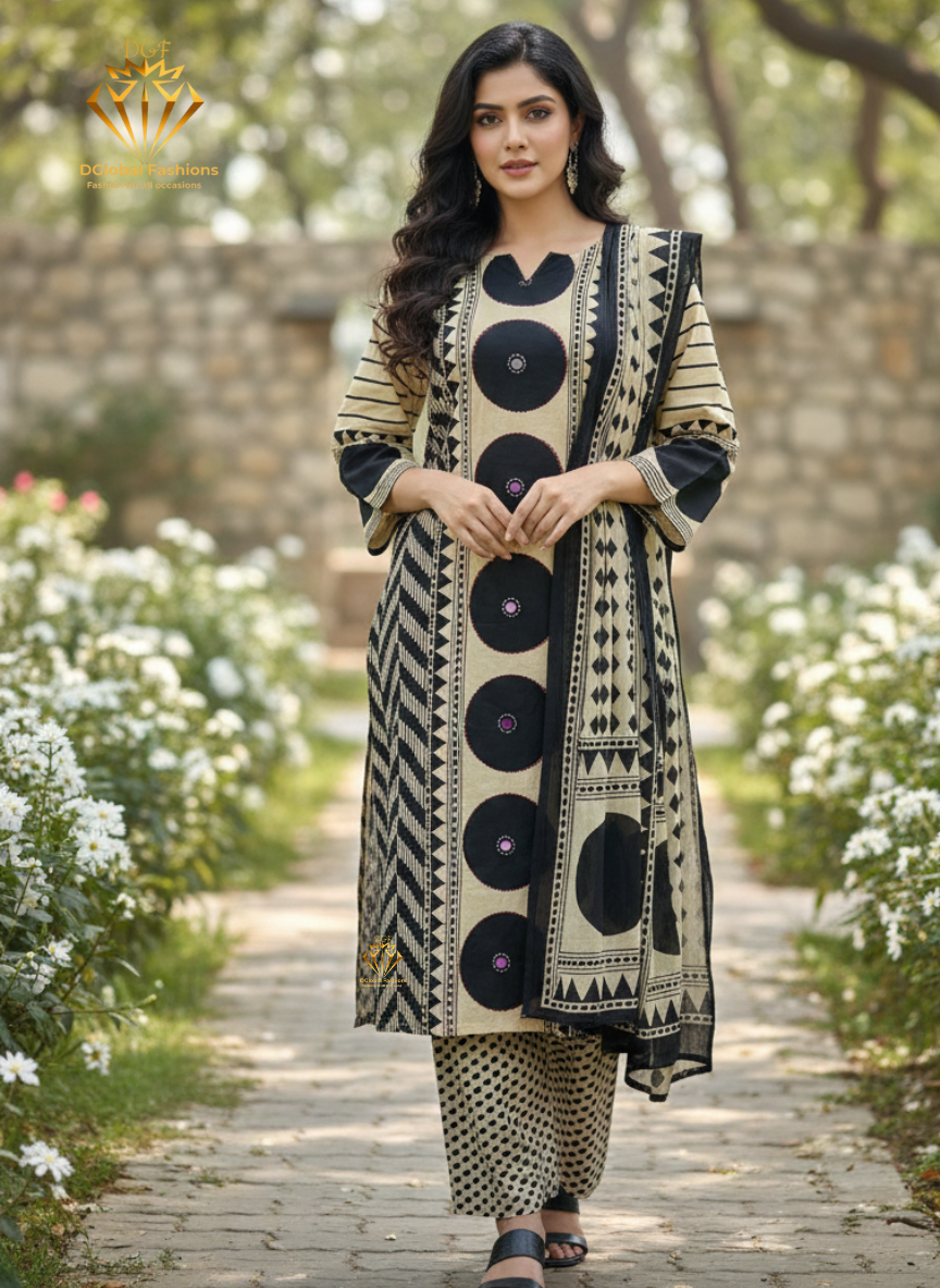 Hand Block Ajrakh Cotton Kurti Pant 3 Piece Suit With Real Mirror Work