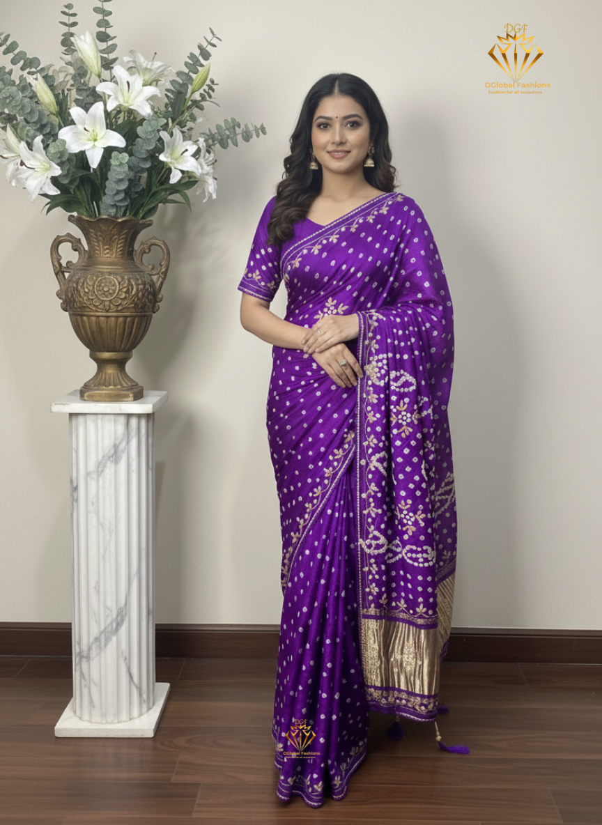 Bandhej Saree with Lagdi Patta Pallu & Cutdana Gota Patti Work