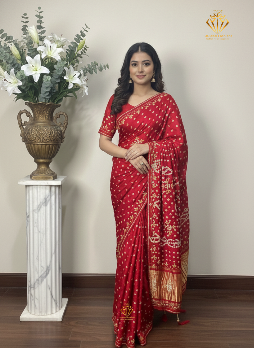 Bandhej Saree with Lagdi Patta Pallu & Cutdana Gota Patti Work