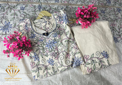 Elegant Kantha Embroidered Suit Set with Dupatta – Traditional Ethnic Wear