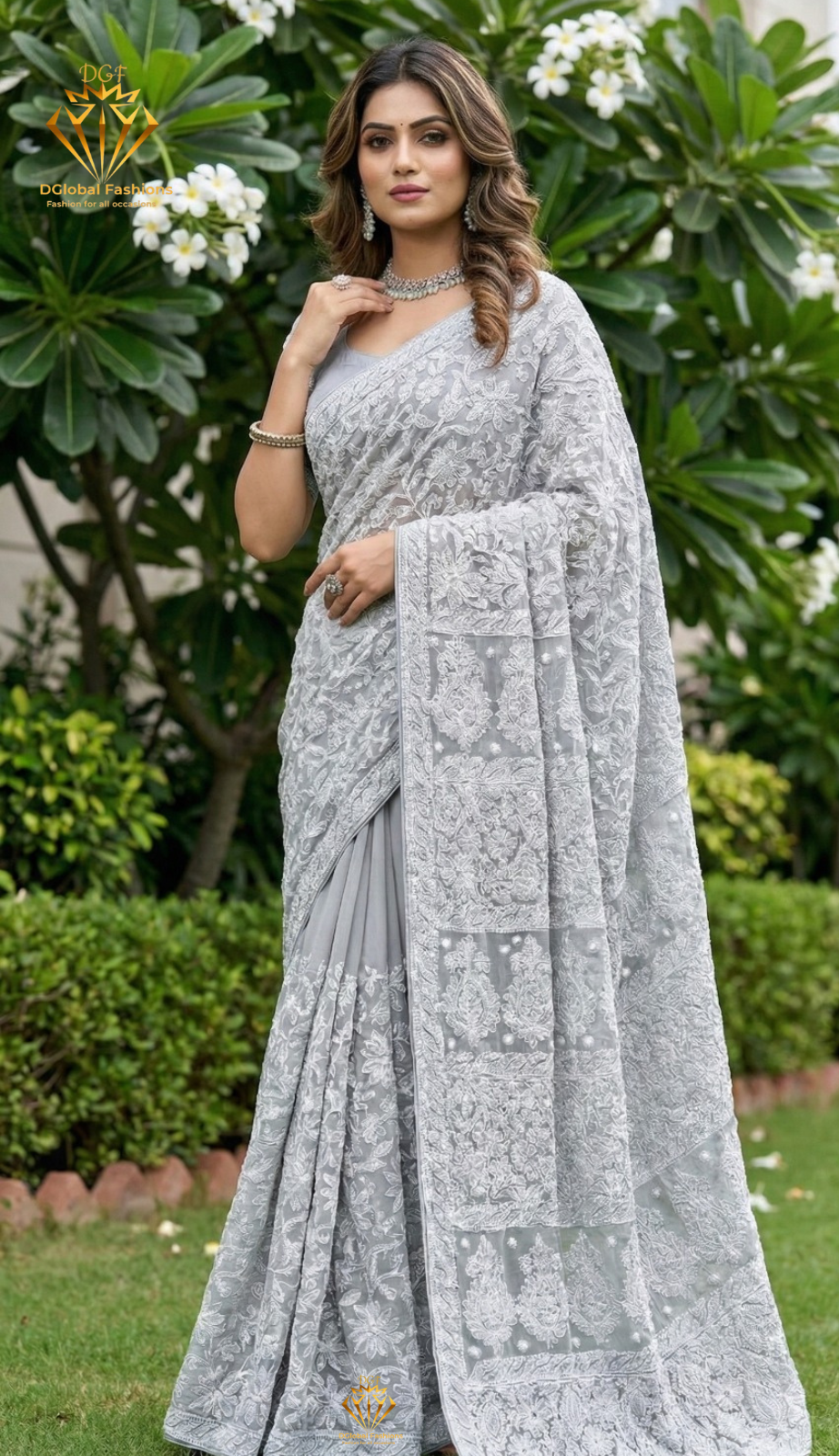 Lucknowi Chikankari Full Jaal Georgette Saree