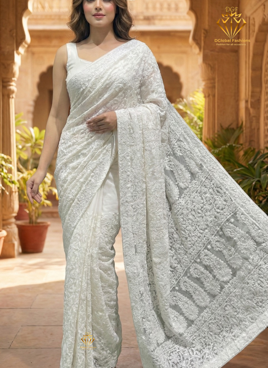 Lucknowi Chikankari Full Jaal Georgette Saree