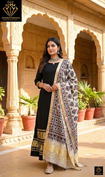 Unstitched Modal Silk Suit Set with Lagdi Patta Kurta & Hand Block Ajrak Dupatta