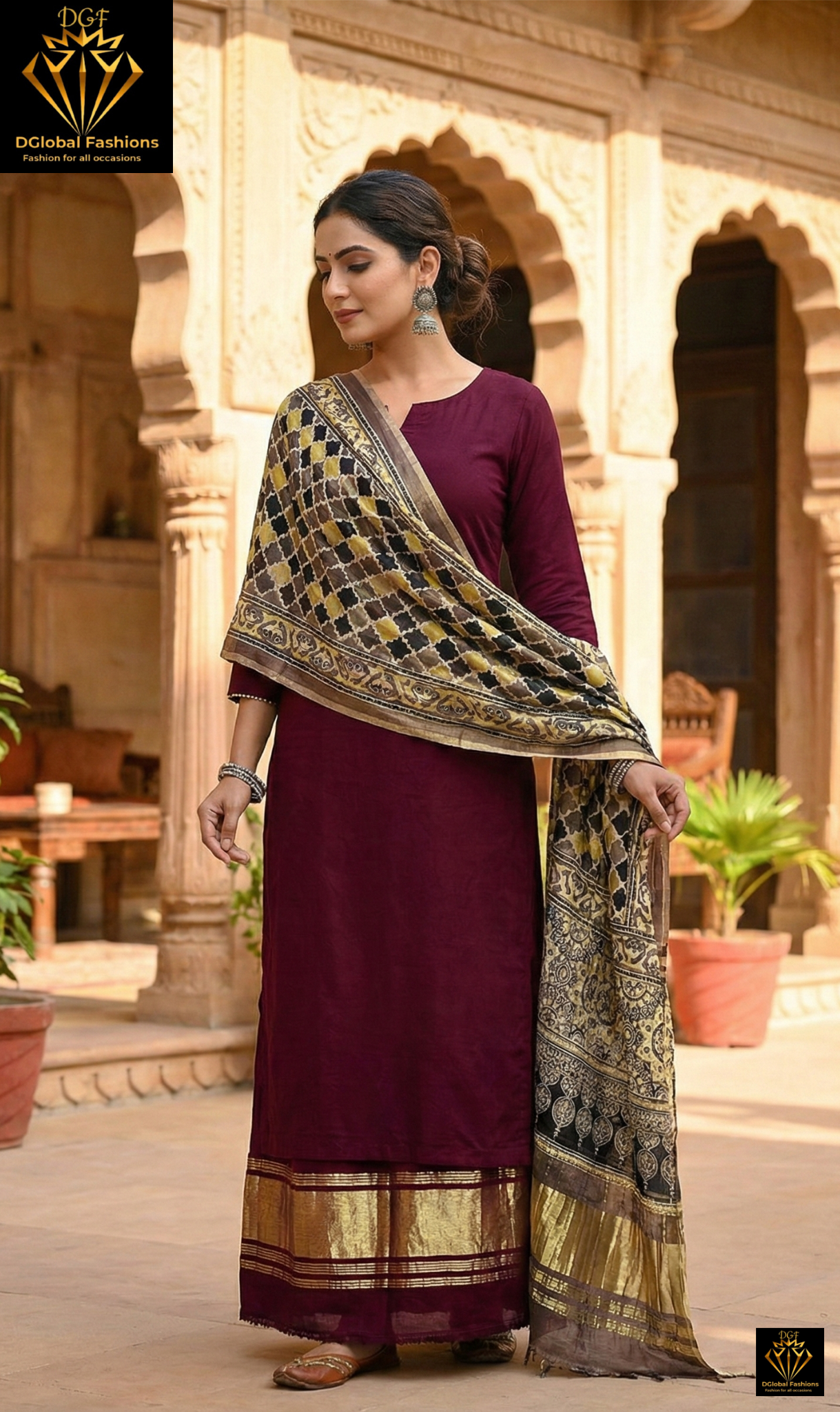 Unstitched Modal Silk Suit Set with Lagdi Patta Kurta & Hand Block Ajrak Dupatta