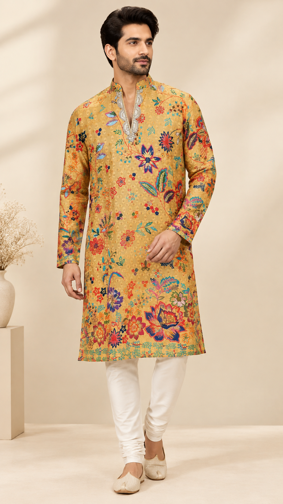 Digital Print Men’s Short Kurta with Sequin Work | Stylish Ethnic & Festive Wear