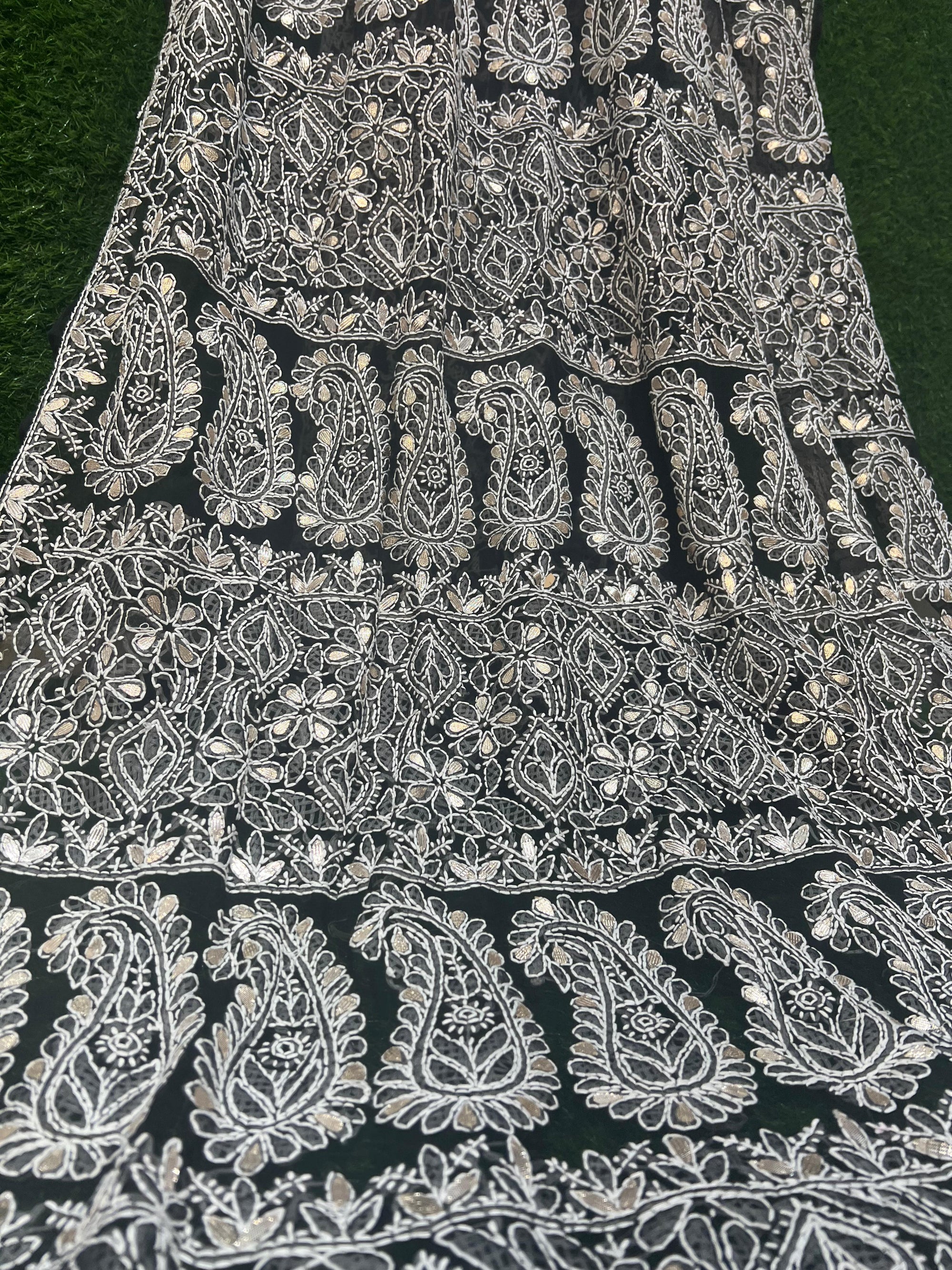 Hand-embroidered black georgette lucknowi chikankari saree with gota patti work and matching blouse