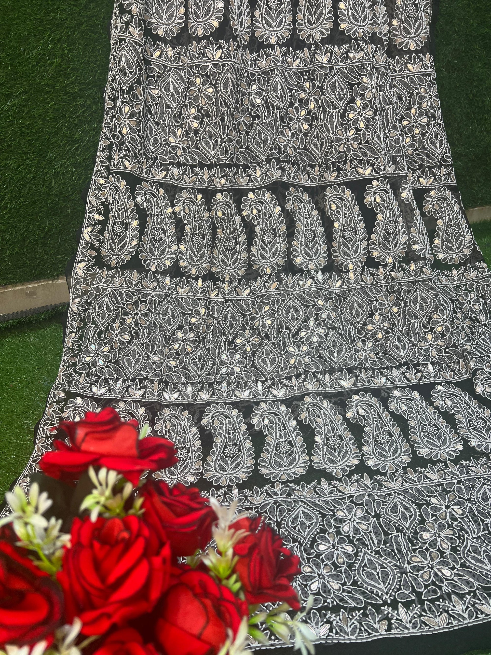 Hand-embroidered black georgette lucknowi chikankari saree with gota patti work and matching blouse