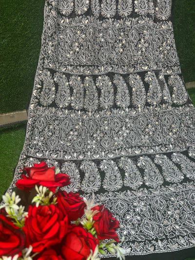 Hand-embroidered black georgette lucknowi chikankari saree with gota patti work and matching blouse
