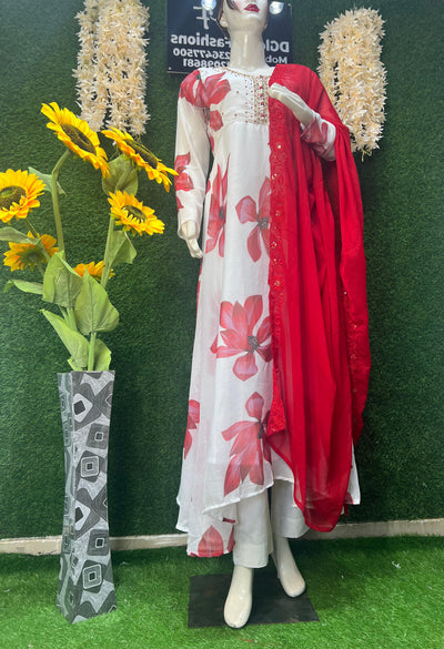 Georgette Floral Print Anarkali Suit Set with Pants & Dupatta