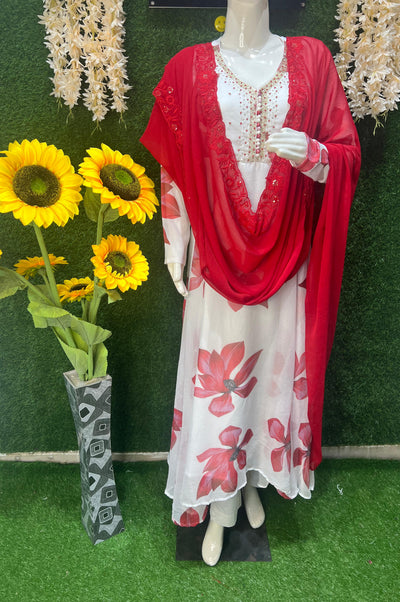 Georgette Floral Print Anarkali Suit Set with Pants & Dupatta