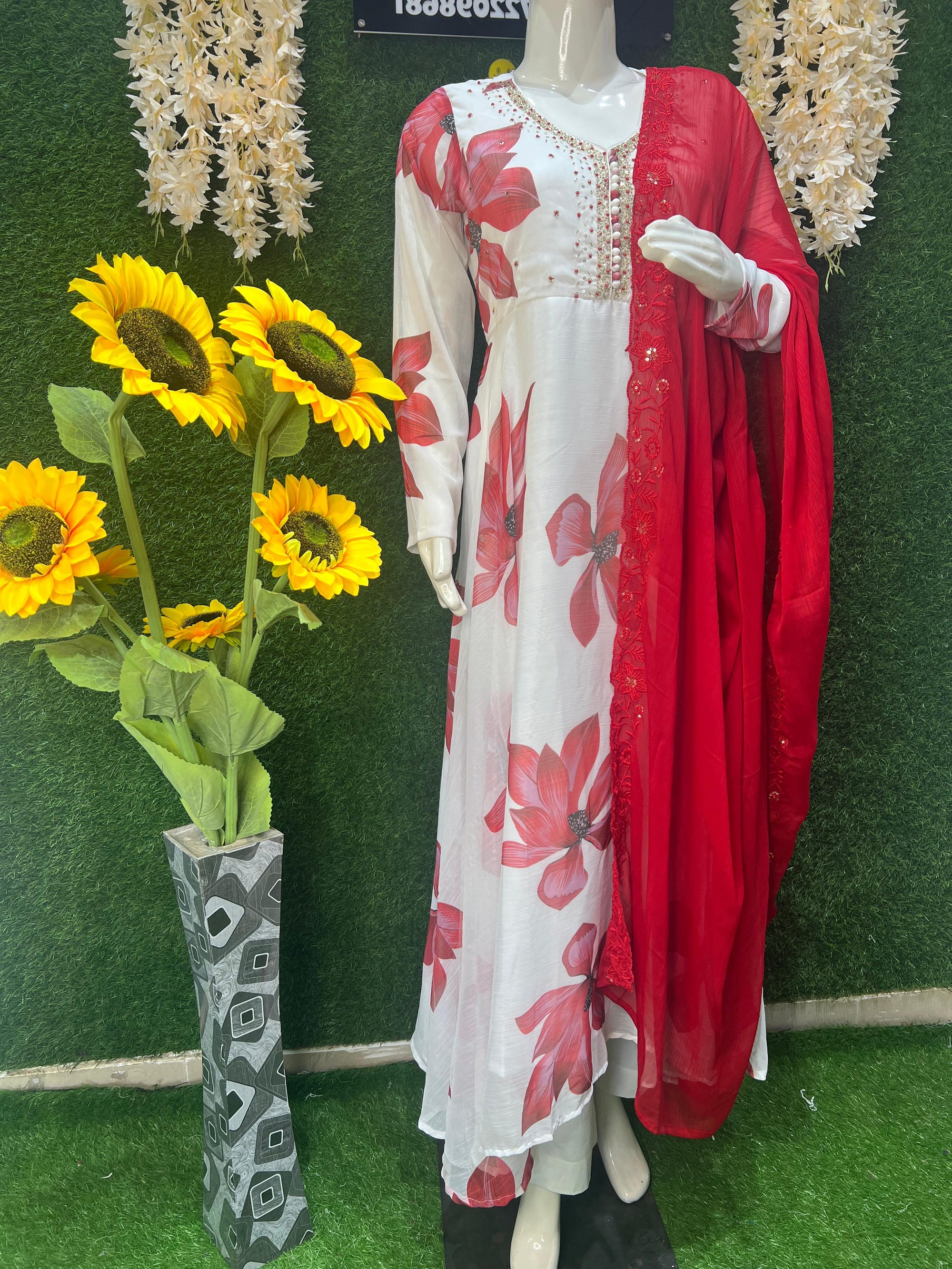 Georgette Floral Print Anarkali Suit Set with Pants & Dupatta