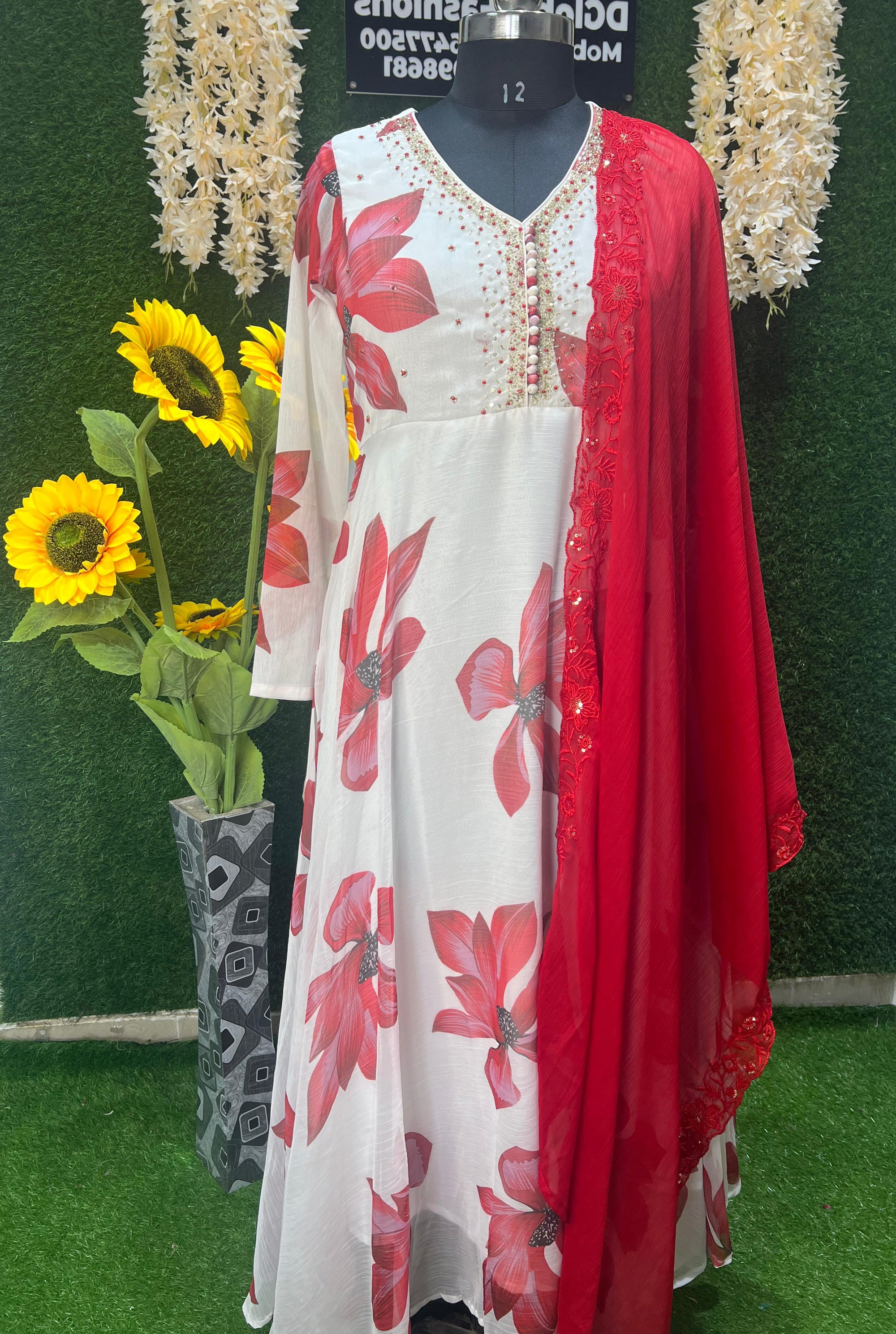 Georgette Floral Print Anarkali Suit Set with Pants & Dupatta