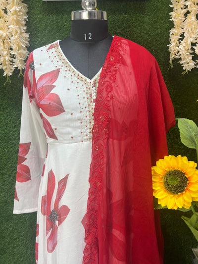 Georgette Floral Print Anarkali Suit Set with Pants & Dupatta