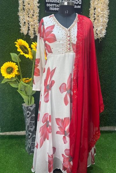 Georgette Floral Print Anarkali Suit Set with Pants & Dupatta
