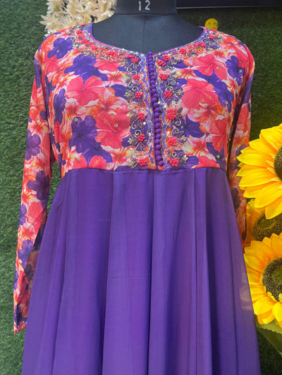 Purple Floral Organza Anarkali Set for Women