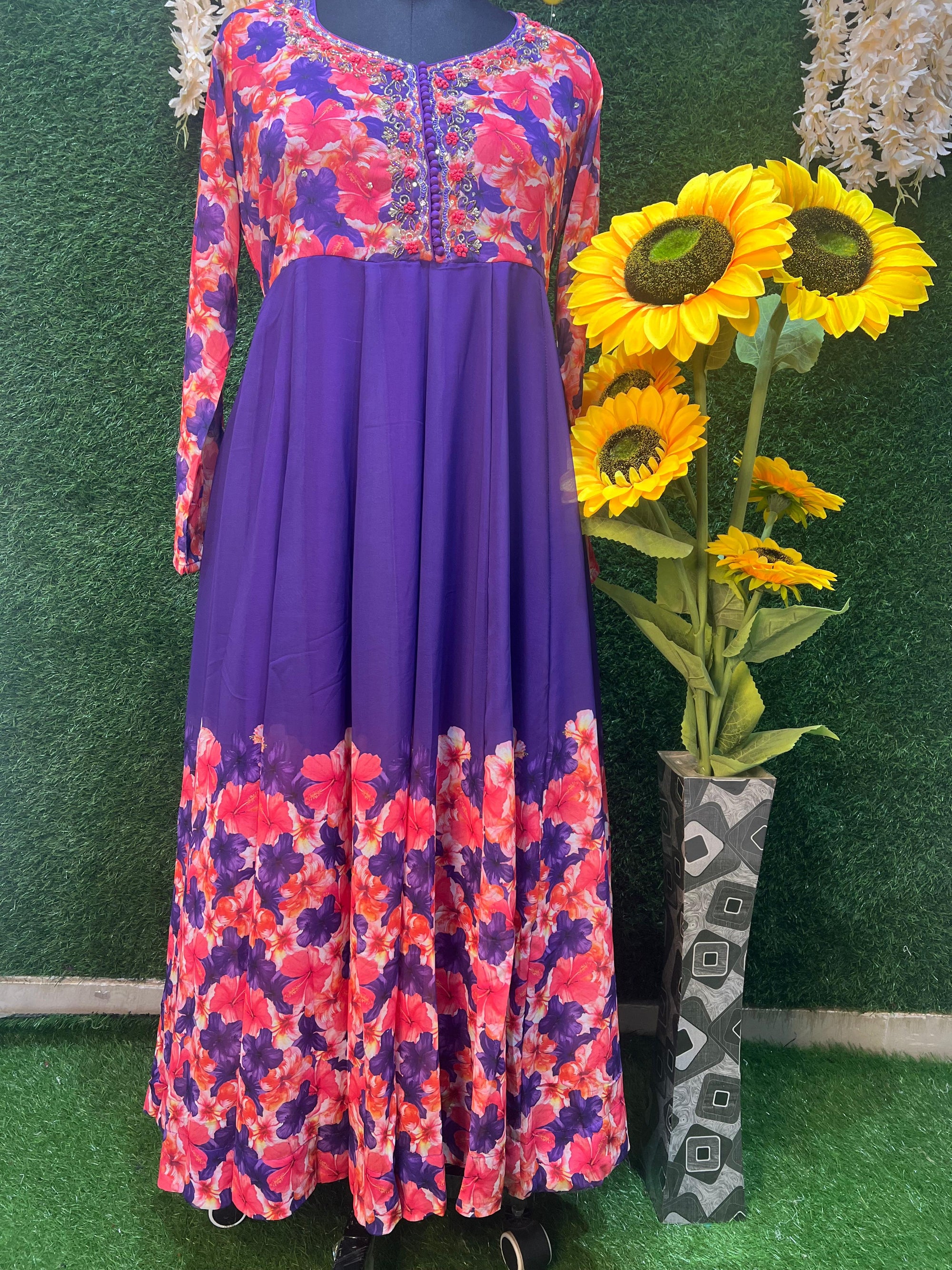 Purple Floral Organza Anarkali Set for Women