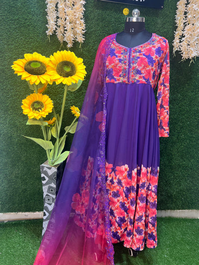 Purple Floral Organza Anarkali Set for Women