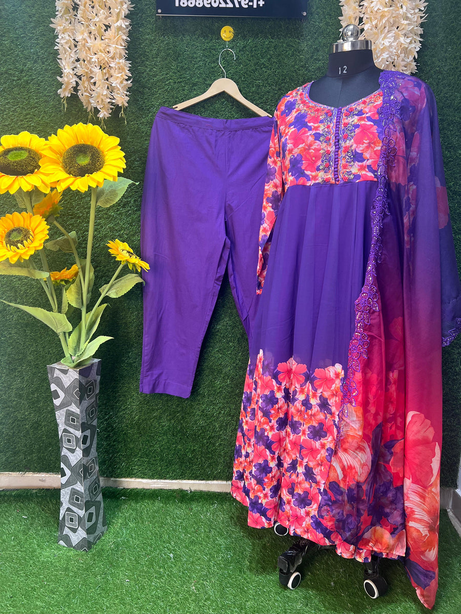 Purple Floral Organza Anarkali Set for Women