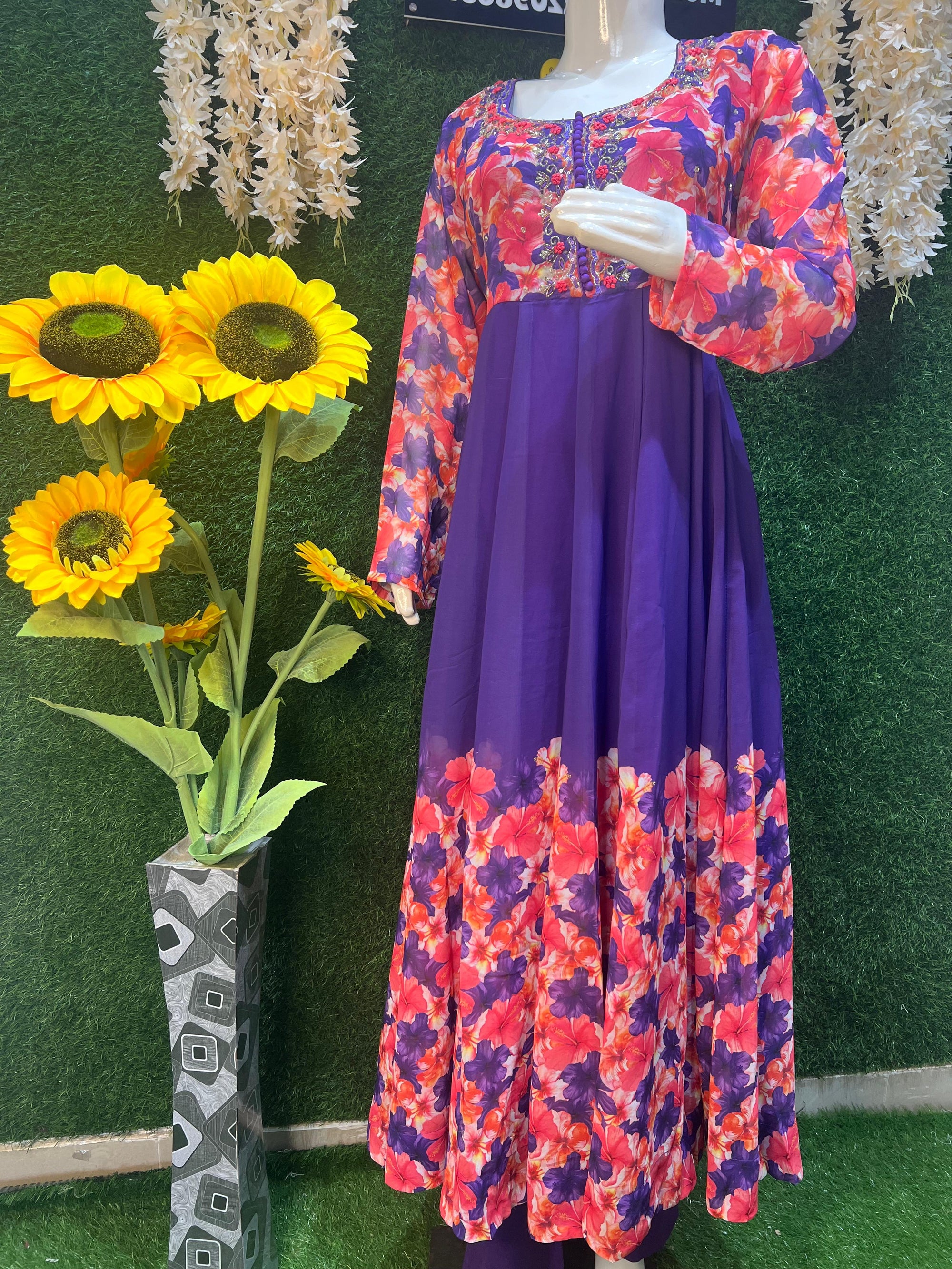 Purple Floral Organza Anarkali Set for Women