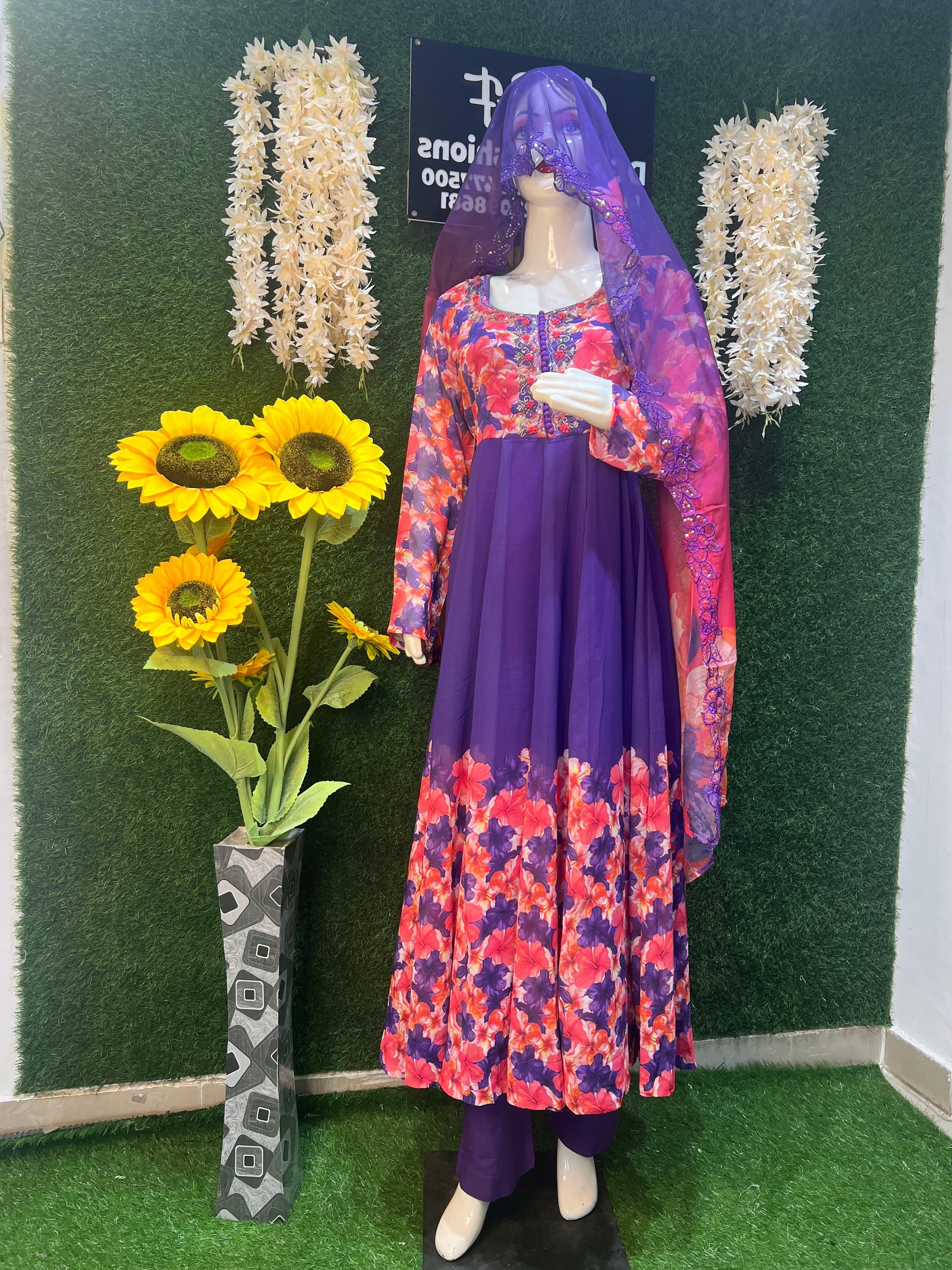 Purple Floral Organza Anarkali Set for Women